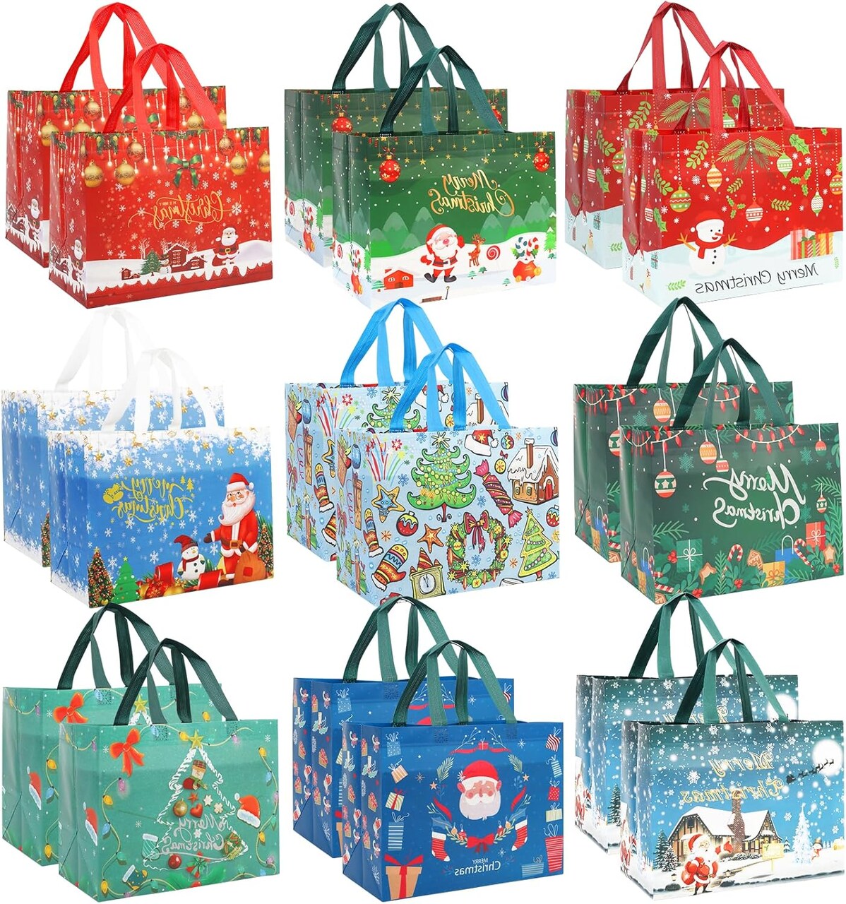 Christmas Gift Bags,18 PCS Large Reusable Christmas Tote Bags with Handles, Christmas Treat Bags, Multifunctional Non-Woven Christmas Bags for Gifts Wrapping, Shopping, Xmas, Party Favor Bags, 12.8" x